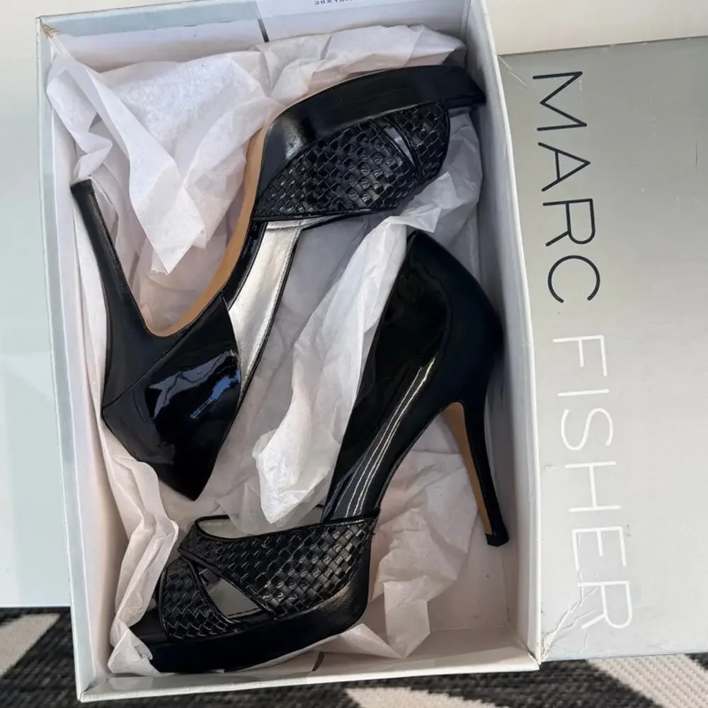 Marc Fisher Black Patent Leather Woven Platform Peep Toe Stiletto Heels Size 6